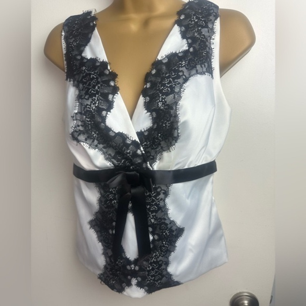Cache Off White Satin With Black Lace Front Bow Y2K Vintage Romantic‎ Top Size S